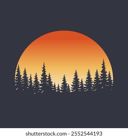 T-shirt or poster design on silhouette tree landscape with sunset on background. Vector illustration
