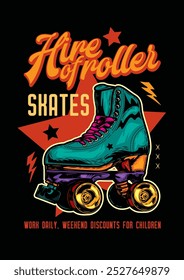 T-shirt or poster design. Roller skating drawn in a retro style. Original vector illustration in vintage style. Hand drawn, not AI