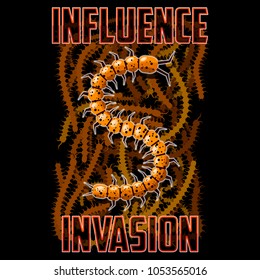 T-shirt or poster illustration. Centipede against the background of swarming insects. Background and text are located on separate layers and can be easily disabled.