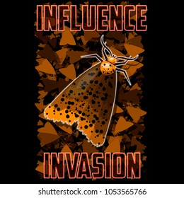 T-shirt or poster illustration. Moth against the background of swarming insects. Background and text are located on separate layers and can be easily disabled.

