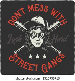 T-shirt or poster label design with illustration of a bandit girl with sun glasses, hat and baseball bats. Design with lettering composition.