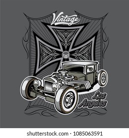 T-shirt, poster or postcards design with illustration of hot rod on a iron cross background