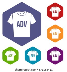 T-shirt with print ADV icons set rhombus in different colors isolated on white background