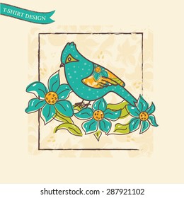 T-shirt print background with bird and flowers.