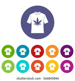 T-shirt with print of cannabis set icons in different colors isolated on white background