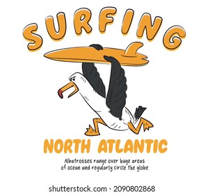 Para la impresión de la camiseta, una caricatura de un albatros o gaviota corriendo a las olas para surfear