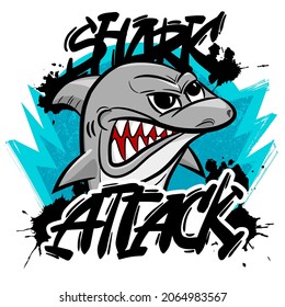 T-shirt print with Cartoon Shark. Vector illustration on white background.