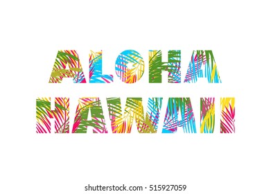 Papel de camiseta con hojas de palma coloridas con letras de aloha Hawaii