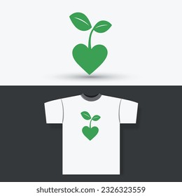 Concepto de impresión de camisetas con diseño ecológico: crecimiento de semilla a partir de un corazón