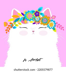 T-shirt print with cute cat and flower.  Wallpaper for little girls
