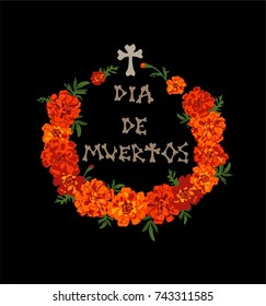 T  shirt print for Day dead and red   orange marigold wreath   dia de muertos hand drawing lettering