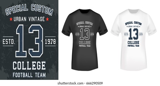 T-shirt print design. 13 Vintage stamp and t shirt mockup . Printing and badge applique label t-shirts, jeans, casual wear. Vector illustration.