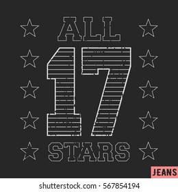 T-shirt print design. 17 all star vintage stamp. Printing and badge applique label t-shirts, jeans, casual wear. Vector illustration