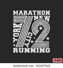 T-shirt print design. 72 New York Marathon vintage stamp. Printing and badge, applique, label, t shirts, jeans, casual and urban wear. Vector illustration.
