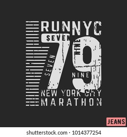 T-shirt print design. 79 New York City marathon vintage stamp. Printing and badge, applique, label, t shirts, jeans, casual and urban wear. Vector illustration.