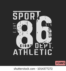 T-shirt print design. 86 athletic department vintage stamp. Printing and badge, applique, label, t shirts, jeans, casual and urban wear. Vector illustration.