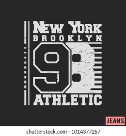 T-shirt print design. 98 New York Brooklyn vintage stamp. Printing and badge, applique, label, t shirts, jeans, casual and urban wear. Vector illustration.