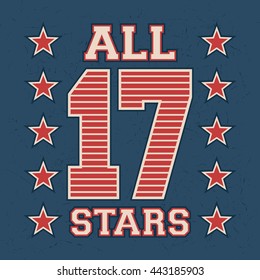 T-shirt print design. All stars vintage stamp. Printing and badge, applique, label for t-shirts, jeans, casual wear. Vector illustration.