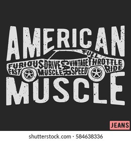 T-shirt print design. American muscle car vintage stamp. Printing and badge applique label t-shirts, jeans, casual wear. Vector illustration