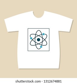 T-shirt print design with atom icon. Symbol of science, chemistry, 
