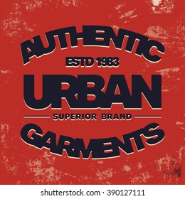 T-shirt print design. Authentic urban vintage stamp. Printing and badge applique label t-shirts, jeans, casual wear. Vector illustration.