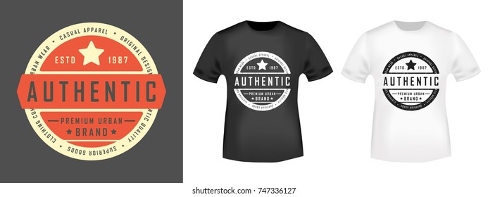 T-shirt print design. Authentic vintage stamp and t shirt mockup. Printing and badge, applique, label, t-shirts, jeans, casual and urban wear. Vector illustration.