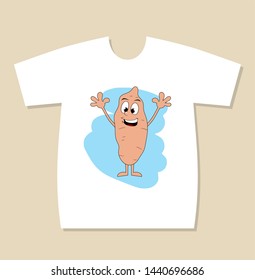 T-shirt print design with a Batata rising hands ready to hug. Sweet potato character