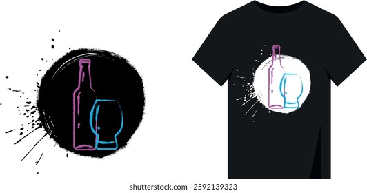 T-shirt print design, black circle, splash, paint drop effect. Hand drawn brush, beer bottle, glass