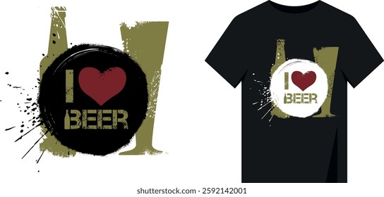 T-shirt print design, black circle, splash, paint drop effect. Hand drawn brush, beer bottle, glass