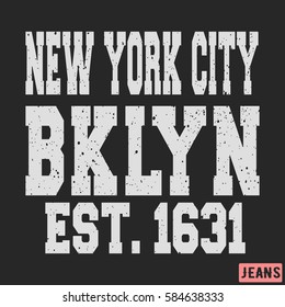 T-shirt print design. Brooklyn New York vintage stamp. Printing and badge applique label t-shirts, jeans, casual wear. Vector illustration