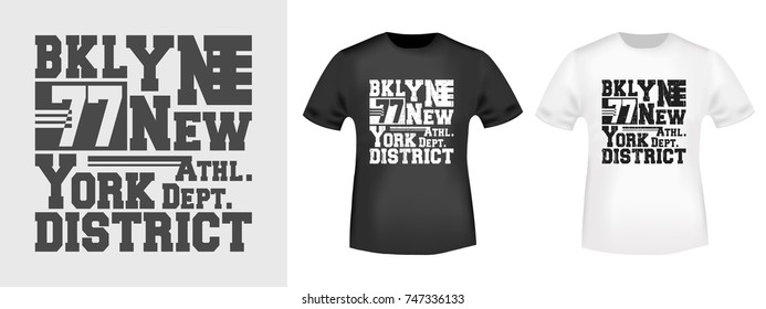 T-shirt print design. Brooklyn New York vintage stamp and t shirt mockup. Badge applique, label t-shirts, jeans, casual wear. Vector illustration.