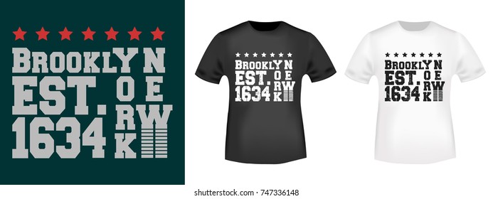 T-shirt print design. Brooklyn New York 1634 vintage stamp and t shirt mockup. Badge applique, label t-shirts, jeans, casual wear. Vector illustration.
