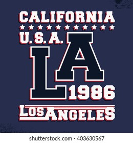 T-shirt print design. California Los Angeles vintage stamp. Printing and badge applique label t-shirts, jeans, casual wear. Vector illustration.