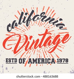 T-shirt print design. California vintage stamp. Printing and badge applique label t-shirts, jeans, casual wear. Vector illustration.