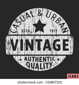 T-shirt print design. Casual and urban vintage stamp. Printing and badge applique label t-shirts, jeans, casual wear. Vector illustration.