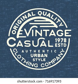 T-shirt print design. Casual vintage stamp for denim t shirt. Printing and badge, applique, label, t-shirts, jeans, casual and urban wear. Vector illustration.