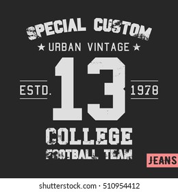 T-shirt print design. College team vintage stamp. Printing and badge applique label t-shirts, jeans, casual wear. Vector illustration.