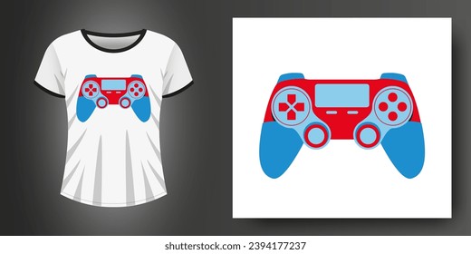 T-shirt print design featuring a joystick bright red and blue color. Illustration of a gamepad on a mockup. Stylish bright Game controller. Print design for mugs, cases and other uses.