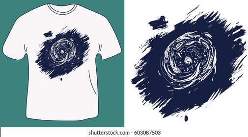 T-shirt print design with galaxy, planets and stars on grunge background. Print illustration on t shirt mockup image. Graphic vector illustration with many details on astronomy theme.