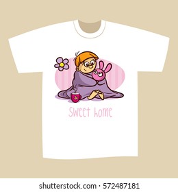 T-shirt Print Design Girl with Bunny Sweet Home