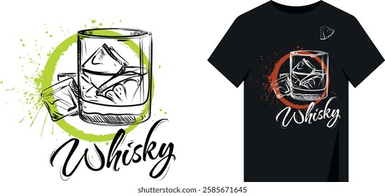 T-shirt print design, grunge sketch style. Hand drawn brush, circle with splashes, glass of whiskey