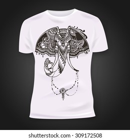 T-shirt print design with hand-drawn elephant head.  Vector illustration.