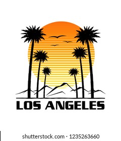 T-shirt print design, holiday vacation theme, Los Angeles California tribute apparel poster, palms streets and hills at sunset, vector illustration