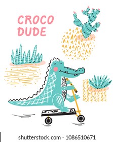 T-shirt print design for kids with Cute Crocodile with kick scooter. Cartoon Wild Animal vector illustration