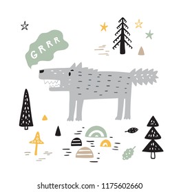 T-shirt print design for kids with Cute Wolf in Night Forest. Cartoon Animal vector illustration. Card, Print or Poster for Children