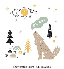 T-shirt print design for kids with Cute Wolf in Night Forest. Cartoon Animal vector illustration. Card, Print or Poster for Children