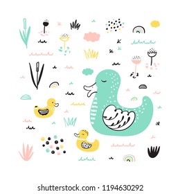 
T-shirt print design for kids with Cute Ducks. Mother duck swims with her little cute ducklings in the pond. Birds Vector illustration. Scandinavian print or poster design, Baby shower greeting card