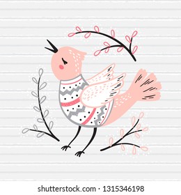 T-shirt Print Design for Kids with Cute Singing Bird with Branches of Willow. Spring Little Songbird and Gray Striped Seamless Pattern. Baby Shower Scandinavian Poster Design Vector Illustration