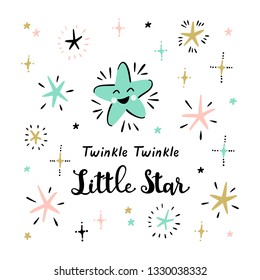 T-shirt Print Design for Kids with Cute Stars and "Twinkle Twinkle Little Star" Phrase. Scandinavian Poster with Space Stars for Nursery Design. Baby Shower, Holiday or Birthday Background. 