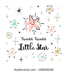 T-shirt Print Design for Kids with Cute Stars and "Twinkle Twinkle Little Star" Phrase. Scandinavian Poster with Space Stars for Nursery Design. Baby Shower, Holiday or Birthday Background. 